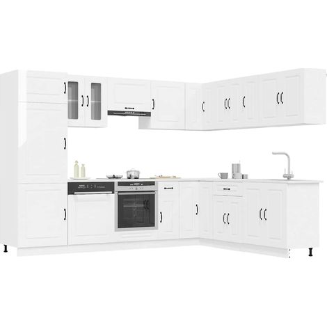 Ensemble de meubles de cuisine 14 pièces blanc brillant en bois d’ingénierie et verre - PANGIVO (1/5)