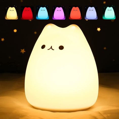 Veilleuse Bébé,Veilleuse Enfant,7 Couleurs Veilleuse Kawaii Chat,Veilleuse LED,Fonction Minuterie Lampe Chevet,Veilleuse Enfant Silicone Tactile Veilleuse BeBe Cadeau Fille