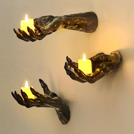 Lot de 3 bougeoirs muraux gothiques pour Halloween, motif main effrayante (1/4)
