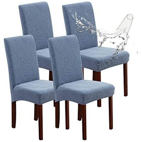 ALLIANDISLot de 4 housses de chaise imperméables en jacquard, extensibles, amovibles et lavables pour chaises de salle à manger, cuisine, hôtel, restaurant (feuilles-bleu clair) (1/4)
