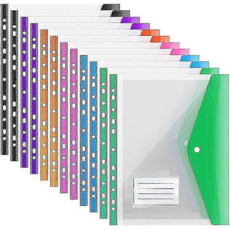 Lot de 12 chemises de classement A4 en plastique extensibles, avec pochettes perforées et fermeture à pression. (1/5)