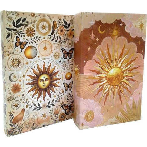 Set de 2 cajas libro con sol dorado boho crudo y rosa 26 cm (1/5)
