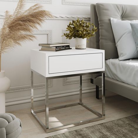 AX LIVING Nachttisch Kommode Aleio Weiß, verchromtes Metallgestell 45
