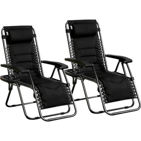 Set of 2 Zero Gravity Heavy Duty Outdoor Garden Reclining Chairs with Padded Seat Black