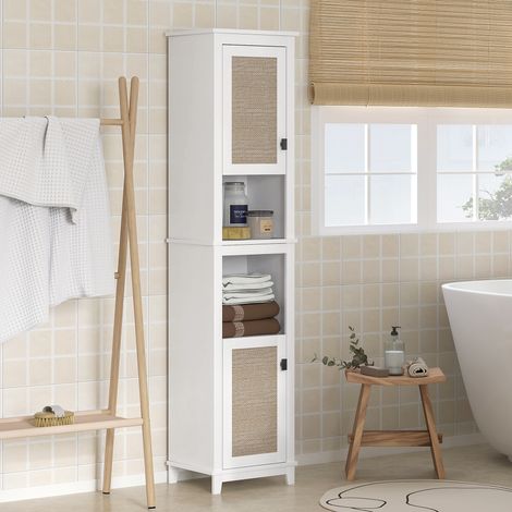 Badezimmer-Säule mit verstellbaren Regalböden, 2 Türen mit Rattanfront und 2 Fächern, 40 x 30 x 167,5 cm, weiß