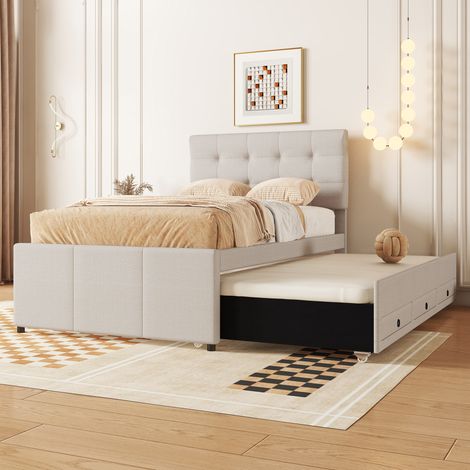 Lit familial extensible 90x200cm (90x190cm), sommier tapissé coulissant, trois tiroirs de rangement, tête de lit ajustable, sans matelas, beige clair