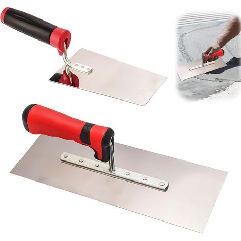 Lot de 2 truelles de maçon en acier inoxydable : truelle lissante en acier inoxydable avec truelle de nettoyage Set de spatules de plâtre avec poignée en caoutchouc, outil de stucage pour masses de