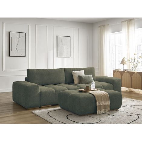 BOBOCHIC - Canapé droit convertible coffre ANAKIN tissu bouclette avec pouf   Vert (1/5)