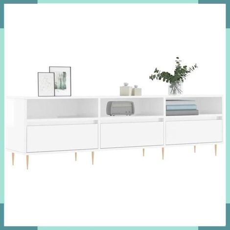 Meuble TV - 831270 - Blanc brillant - 150 x 30 x 44,5 cm - Structure en bois d'ingénierie et fer (1/5)