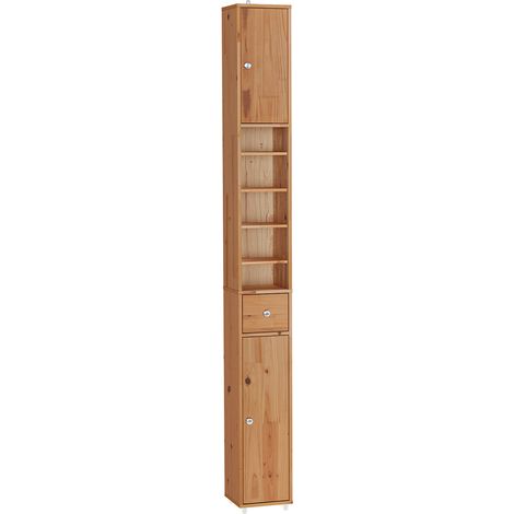 SoBuy Mueble Columna de Baño de Madera Maciza, Armario de Almacenamiento Delgado con Cajón y Compartimentos Abiertos, Estantes Ajustables, Color Madera, 20x20x180 cm, BZR34-II-SH