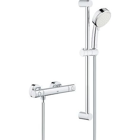 Colonne de douche thermostatique Grohe – Mitigeur Grohtherm 800 C – Douchette Ø 100 mm avec 2 jets – Flexible 1750 mm – Barre 600 mm