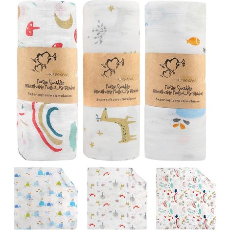 Bébé en Mousseline Couverture Emmaillotage, Lot de 3 Grand 120 x 120 cm Mousseline de Bambou Coton pour Bébé Fille et Garçon - Baleine Bleue, Cheval Arc-en-Ciel, des Arbres (1/5)