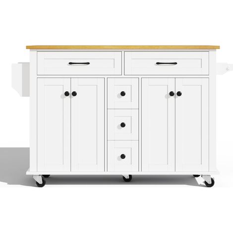 Carro isla de cocina multifuncional con encimera abatible 140 x 65 x 89 cm MDF blanco natural (1/5)