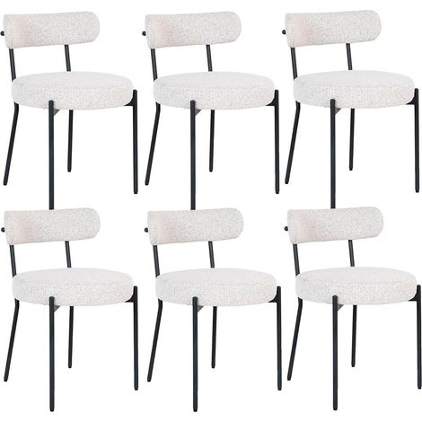 LOANA - Lot de 6 Chaises Tissu Bouclé Blanc Chiné Dossier et Pieds Métal Noir (1/5)