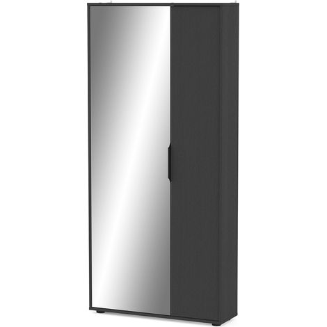 Armoire meuble à chaussures 2 portes avec un miroir couleur noir Longueur 82,8 x Profondeur 23,9 x Hauteur 178,4 cm (1/5)