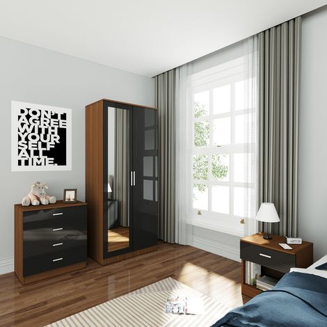 ELEGANT Black/Walnut Modern High Gloss Soft Close 2 Doors Wardrobe with Mirror and Metal Handles Includes a removable hanging rod and storage shelves (1/8)