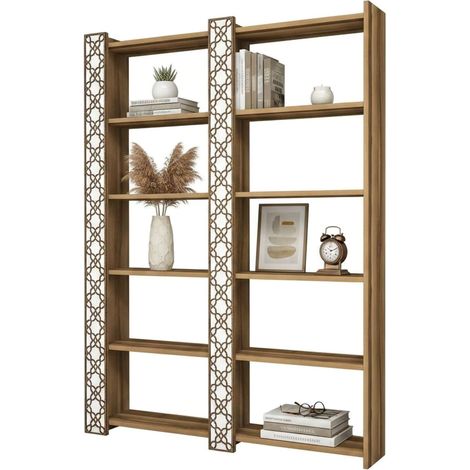 Dmora - Libreria Vele, Scaffale da ufficio, Mobile portalibri, Biblioteca, 125x24h170 cm, Noce e Bianco