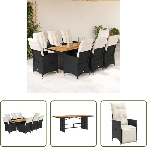 Gartentisch - 9-tlg. Garten-Essgruppe mit Kissen Schwarz Poly Rattan (1/5)