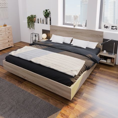 Cama 160x200 cm de madera y paneles E1 gris con 2 mesitas - CHICFURN (1/5)