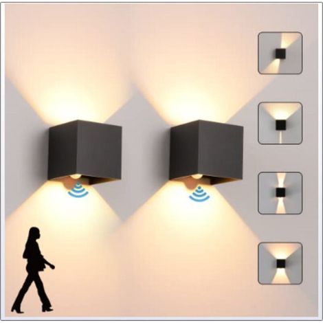 2 Stück 6W LED-Wandleuchte mit Bewegungsmelder, Warmweiß 3000K, Wasserdicht IP65, Einstellbarer Abstrahlwinkel, Schwarz (1/4)