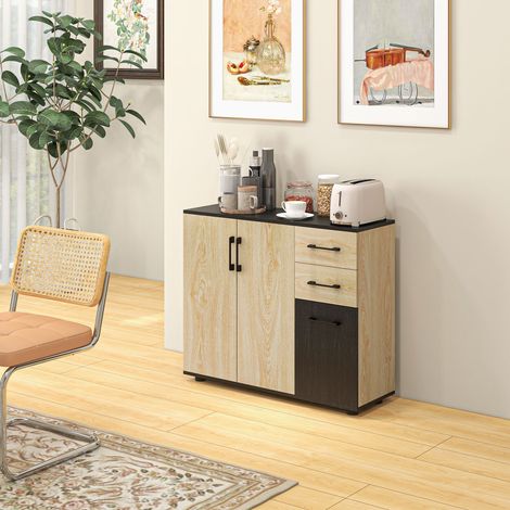 Küchenbuffet mit 2 Schränken, verstellbarem Einlegeboden und 2 Schubladen, 90 x 30 x 75,5 cm, Naturschwarz