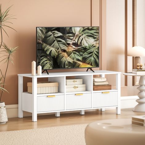Mobile porta TV moderno con 3 cassetti e 3 ripiani a giorno per televisori da 43-55 pollici, 120x39,5x50 cm, bianco.