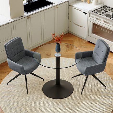 Ensemble table ronde verre trempé 85x85x76cm piètement noir + 2 chaises tissu gris foncé pivotantes 360° style luxe épuré pour salle à manger (1/5)