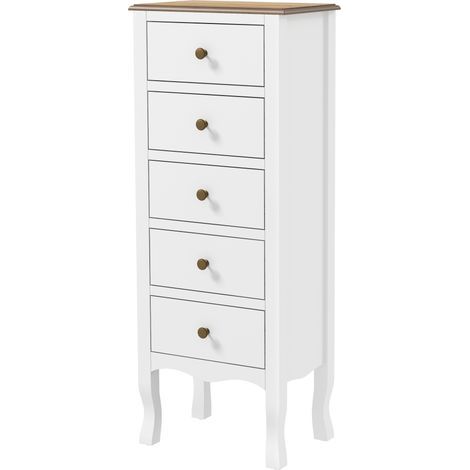 Chiffonnier 5 tiroirs, Meuble de rangement compact blanc avec poignée bouton effet laiton (1/5)
