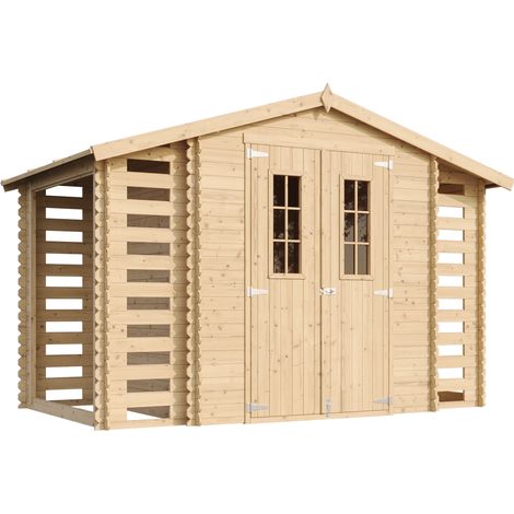 TIMBELA M391C+M391G Casetta da Giardino in Legno per Esterni con legnaia CON PAVIMENTO TRATTATO - L206xL328xA218 cm/ 3,53 + 0,97+0,97 m2 - Piccola Casetta in Legno, Rimessa Attrezzi, Deposito Bici (1/5)