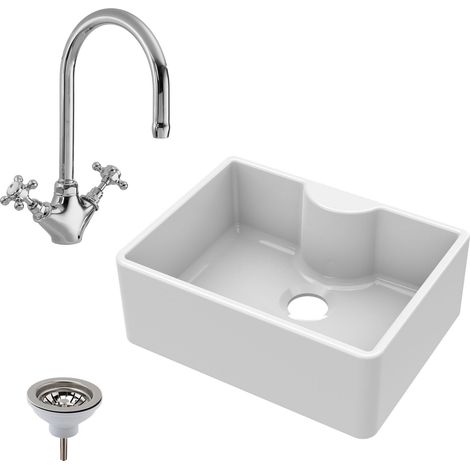 Fireclay 595mm 1 Bowl Butler Kitchen Sink with Tap Ledge, Mono Mixer Tap & Waste by Balterley (1/4)