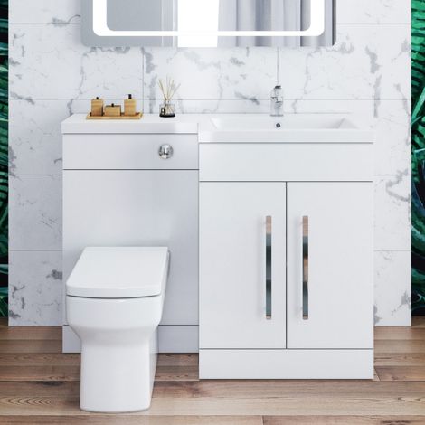 ELEGANT 1100mm L Shape Bathroom Vanity Sink Unit Storage,Right Hand High Gloss White Vanity unit + Basin + Ceramic Square Toilet with Concealed Cistern (1/5)