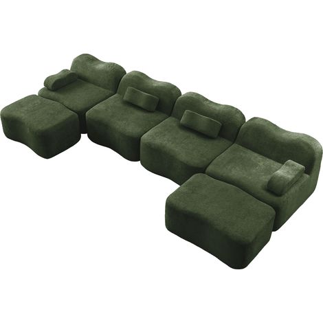 Modulares U-Sofa, 4-Sitzer mit 2 Hockern, grüner Samt, 32D-Schaum (1/5)