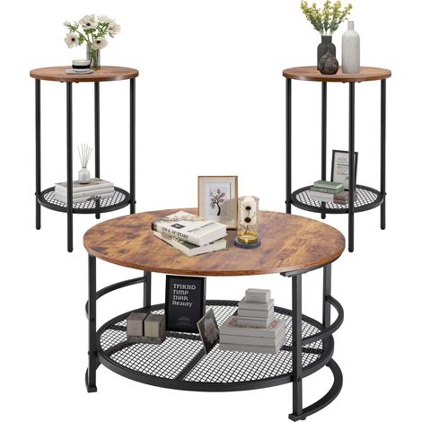 VEVOR Lot de 3 Tables de Salon Rondes, Table Basse Industrielle de 80 x 80 x 46,5 cm avec 2 Bouts de Canape de 40 x 40 x 60 cm, avec Pieds en Metal, Mobilier pour Bureau, Salon et Appartement (1/5)