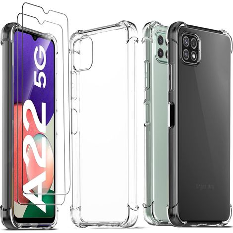 Coque pour Samsung Galaxy A22 5G + 2 Pièces Verre Trempé Protection écran [Housse Transparent Silicone] [10X Anti-Jaunissement] [Antichoc Bumper] [Anti-Rayures] [9H Dureté] (1/5)