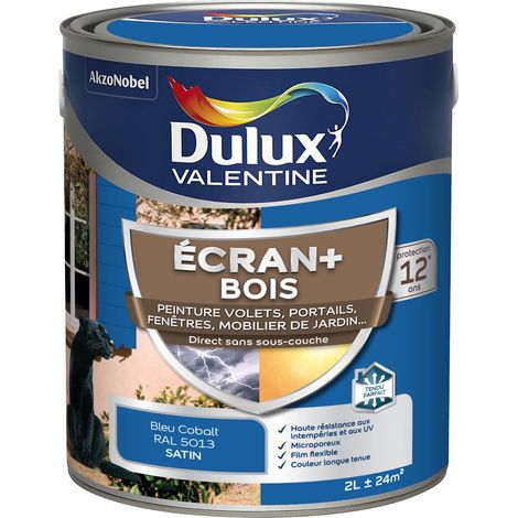 ECRAN+ BOIS - Peinture satinée pour bois extérieur - Volets, portes, fenêtres, portails - Bleu Cobalt 2 L - Dulux Valentine
