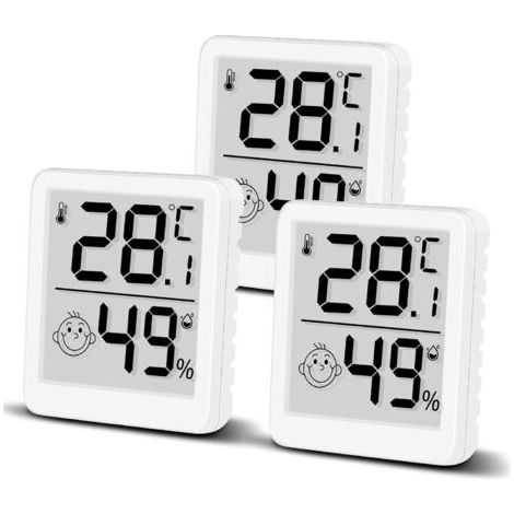 Lot de 3 thermomètres hygromètres numériques avec smiley et écran LCD pour l'intérieur - Mini humidimètre - Capteur de température haute précision pour chambre de bébé, intérieur, bureau, salon (3) (1/5)