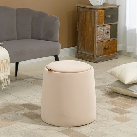 Pouf rotondo contenitore beige effetto velluto con coperchio removibile Ø44 x 47,5 cm OKWISH (1/5)