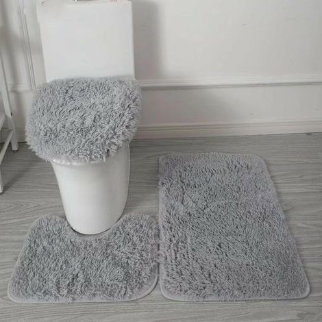 Bath Mat Set, Non-Slip Toilet Mat Set, Bathroom Mat + Toilet Contour Mat + Toilet Lid Cover (Grey) (1/5)