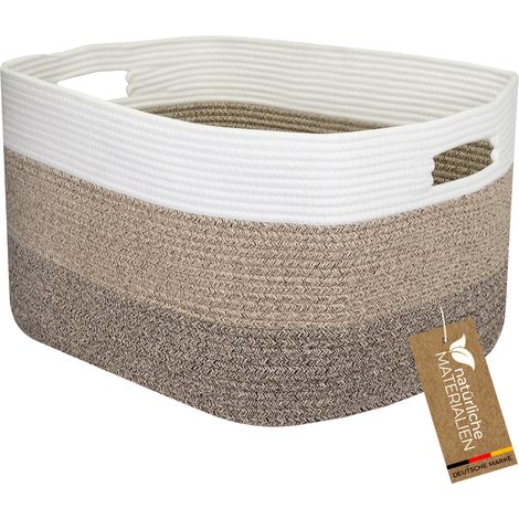 HMF XXL Wäschekorb aus Baumwolle, eckiger Aufbewahrungskorb mit Griffen, 55 x 43 x 30 cm, Weiß-Braun (1/5)