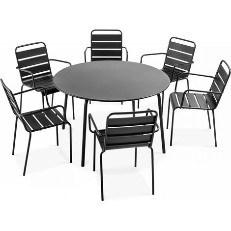 Oviala – Ensemble table ronde 6 places et 6 fauteuils en acier thermoplaqué – Traitement anti-corrosion – Patins anti-dérapants – Diamètre 120 cm