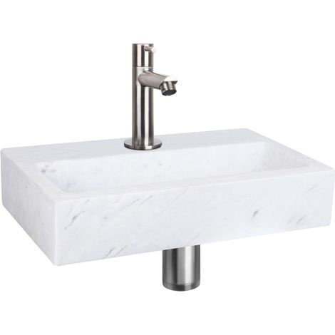 Differnz Flat kit lave-mains - 38x24x8cm - Rectangulaire - 1 trou de robinet - Robinet droit en chrome mat - Marbre Blanc (1/5)