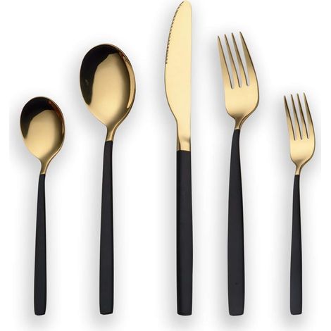 30 Stück Titan schwarz Besteck Set, schwarzer Griff mit goldenen Mund Besteck Set, schwarz und golden Besteck Service für 6 (schwarz, Golden) (1/5)