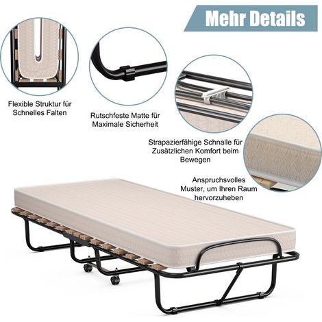 Lit d'appoint pliable beige 190x80 cm avec matelas à mémoire de forme et sommier à lattes, roulettes, pour chambre d'amis et séjour (1/5)