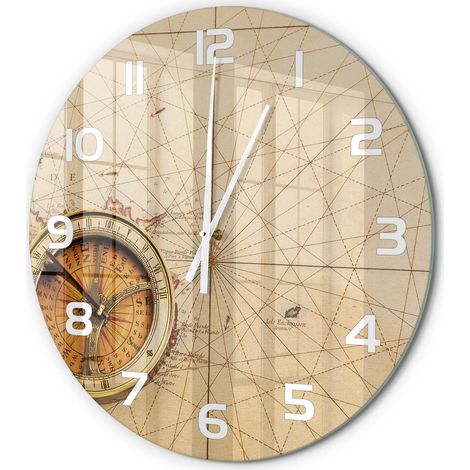 Horloge Murale Ronde Cadeau Original Verre Silencieuse pour Maison Salon Boussole sur la carte fi 60 cm (1/5)