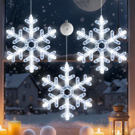 Lot de 3 décorations lumineuses de Noël pour fenêtre, flocons de neige blancs, intérieur (1/5)
