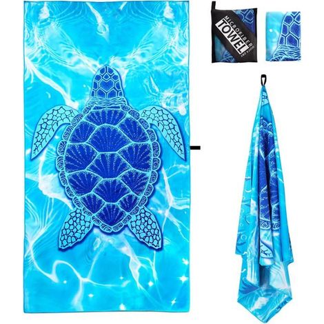 Grande serviette de plage en microfibre avec sac de rangement, 160 x 90 cm, motif tortue bleue, séchage rapide, résistante au (1/5)