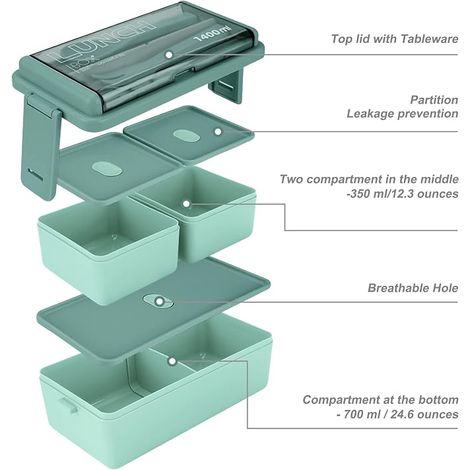 Boîte à lunch de 1400 ml à 3 compartiments - Boîte bento étanche à 2 couches avec sac isotherme et couverts, idéale pour la préparation des repas pour adultes, enfants, étudiants, bureau et micro-onde