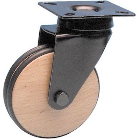 Roulette DESIGN "B" pivotante Ø 70 mm en BOIS époxy NOIR à platine 60x60 mm