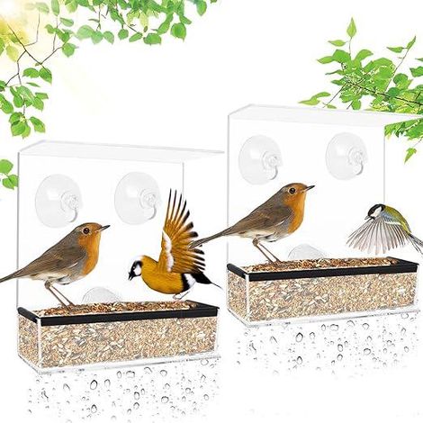 Mangeoire à oiseaux pour fenêtre, lot de 2 mangeoires extérieures en acrylique avec 6 ventouses, transparentes et dotées d'un plateau amovible, idéales pour les moineaux et autres oiseaux sauvages. (1/5)