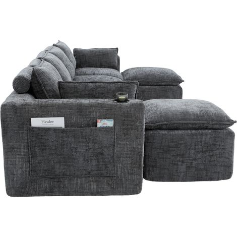 Sofá modular de 4 plazas en chenilla gris oscuro con 2 otomanas, bolsillos y portavasos (1/5)